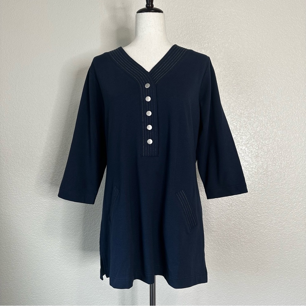 NWT Denim and Co Dark Blue V-neck 3/4 Sleeves Mini Dress, Sz Medium